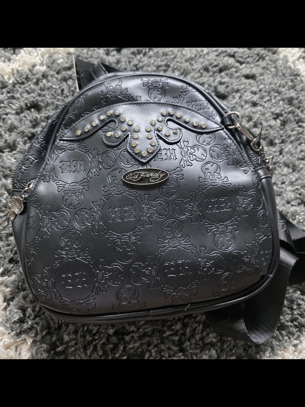 Ed Hardy Black Embossed Mini Backpack - Stud Accent